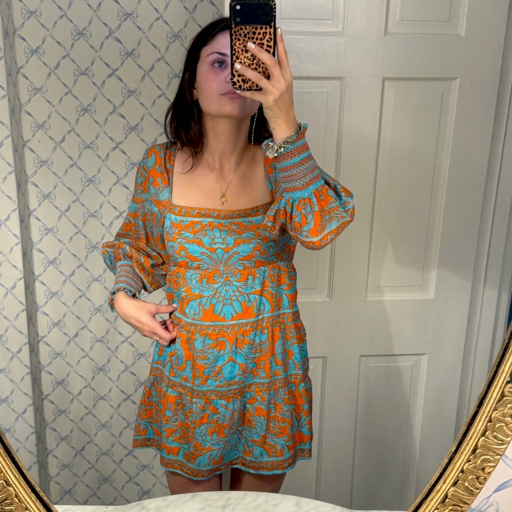 Alice + Olivia orange and blue mini dress
